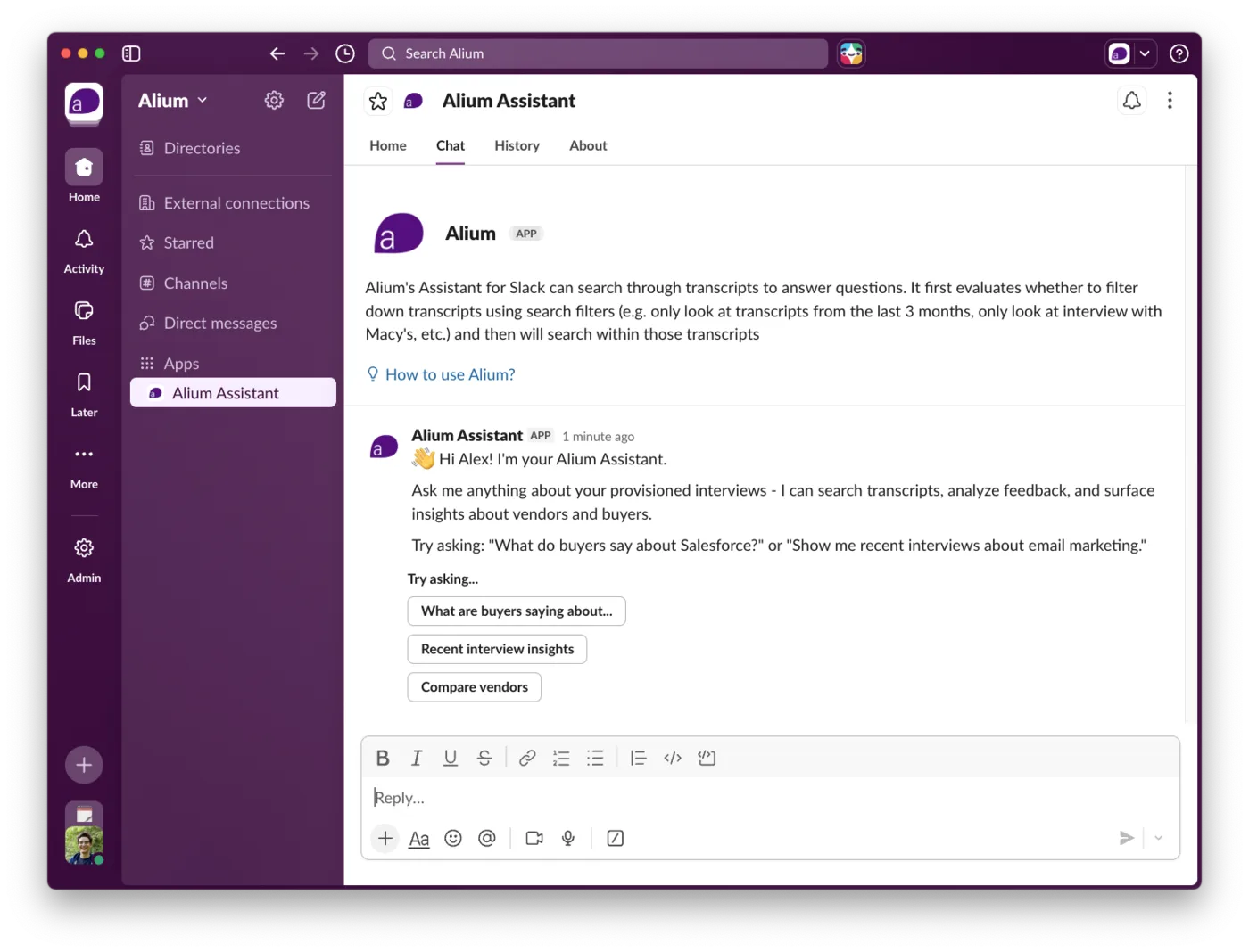 The Alium app answering a question in Slack
